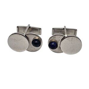 Vintage Silver Tone Cufflinks With Blue Glass Cabochon Mid Century